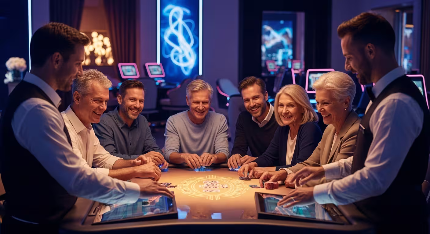Warm live dealer casino studio with a friendly dealer smiling at the camera, soft lighting and inviting table atmosphere