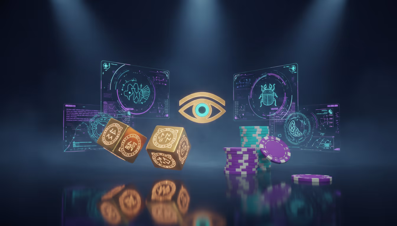 Mystical casino scene blending ancient artifacts and futuristic gadgets for luck