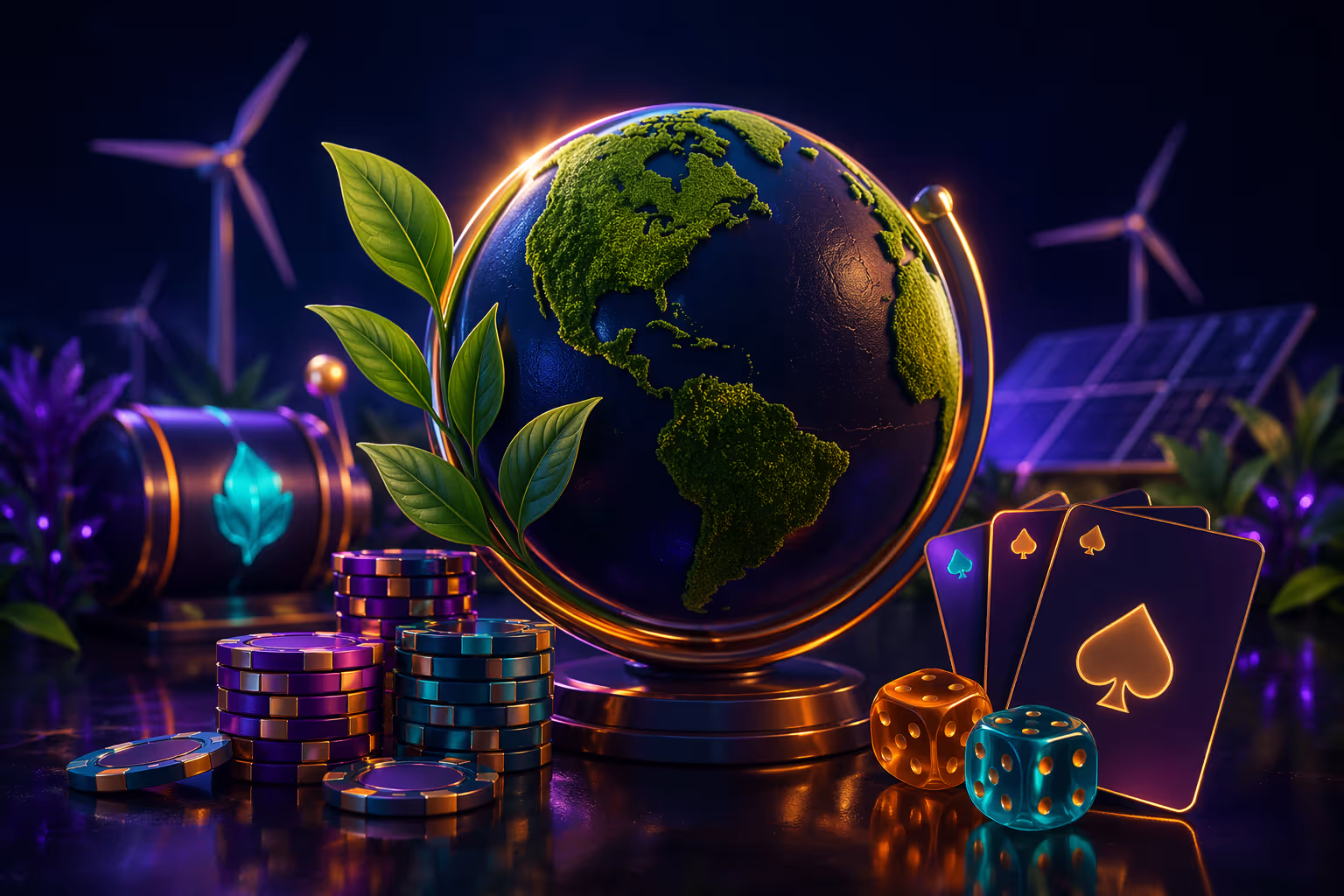 Interface de casino en ligne aux couleurs vertes vibrantes avec symboles écologiques et éléments de jeu durable